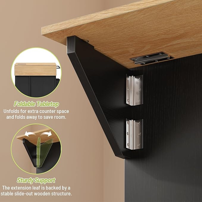 Kitchen Island with Storage, Rolling Kitchen Table with Drop Leaf, Charging Station, 3 Open Adjustable Shelf & Drawer, Towel Rack, Mobile Kitchen Cart for Dining Room, Black and Natural