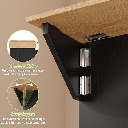 Kitchen Island with Storage, Rolling Kitchen Table with Drop Leaf, Charging Station, 3 Open Adjustable Shelf & Drawer, Towel Rack, Mobile Kitchen Cart for Dining Room, Black and Natural