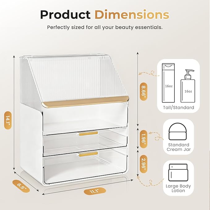 Makeup Organizer Countertop with Drawers & Lid, Skincare Organizer for Vanity, Large Cosmetic Organizer & Display Cases and Storage for Bathroom & Desktop. Perfect for Girl Women Mom Gifts