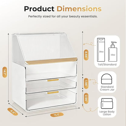 Makeup Organizer Countertop with Drawers & Lid, Skincare Organizer for Vanity, Large Cosmetic Organizer & Display Cases and Storage for Bathroom & Desktop. Perfect for Girl Women Mom Gifts