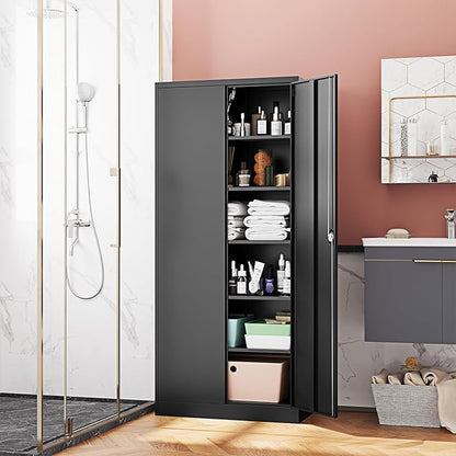 Metal Storage Cabinet-71” Tall Steel File Cabinets with Lockable Doors and Adjustable Shelves-Black Steel Storage Cabinet for Home,Kitchen, School, Office, Garage