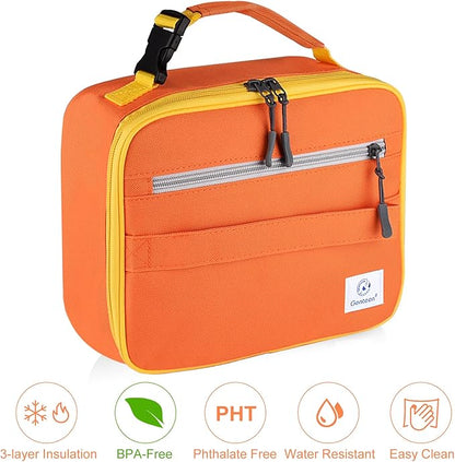 Genteen 2 Packs Insulated Soft Lunch Bag With Double Zipper - Sturdy, Freezable and Reusable for Kids, Men - For School, Work, Outdoor (B-2pk Blue+Orange)