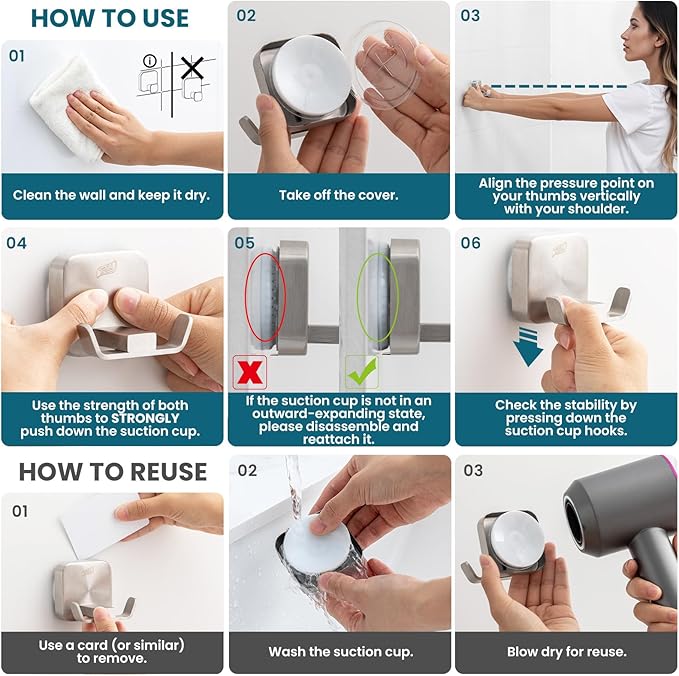 TAILI Patented Strong Suction Cup Hook, 304 Stainless Steel Bathroom Suction Cup Holder for Towel, Loofah, Bathrobe, Damage-Free Hanging Shower Wall Hook, Double-Hook Widening Design, 2 Pack, Silver