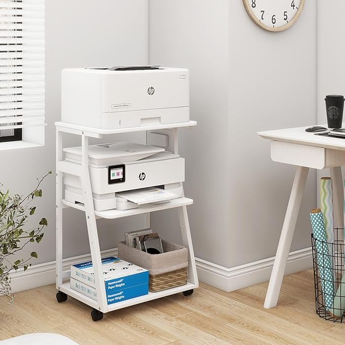 Natwind 19.7"x15.7" Printer Stand,3 Tier Printer Table with Charging Station, Rolling Cart with Adjustable Storage Shelf for Home Office Organization, Stand for Heat Press,3D Printer (White)