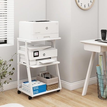 Natwind 19.7"x15.7" Printer Stand,3 Tier Printer Table with Charging Station, Rolling Cart with Adjustable Storage Shelf for Home Office Organization, Stand for Heat Press,3D Printer (White)
