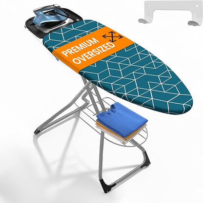 Xabitat Extra Wide Ironing Board 60" X 20" with Wheels & Wall Mount Hanger | Full Metal Iron Board | Built in Iron Caddy | Heat & Scorch Resistant Cover| Heavy Duty | Wide Leg