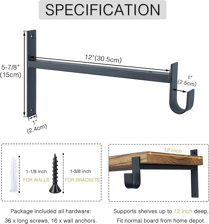OVOV Closet Rod Bracket Heavy Duty 12 Inch Closet Shelf Brackets with Rod Holder Black Wall Mounted Closet Rod Support Brackets with Hook (8 Pack)