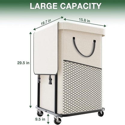 40 Gal(150L) High Grade Large Laundry Basket with Wheels, Rolling Laundry Hamper, Laundry Cart with Metal Frame and Removable Bag Design, Suitable for Laundry Room, Bedroom (White, 150L)