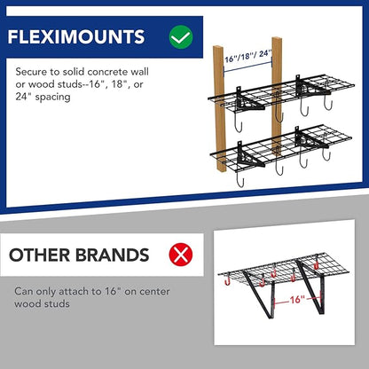 FLEXIMOUNTS Garage Wall Shelving, 2-Pack 1x3 ft, Includes 8 Bike Hooks, Wall Shelf Garage Organization System w/Bike Hangers, Storage Rack, Floating Shelves, 300 lbs Weight Capacity, Classic Series