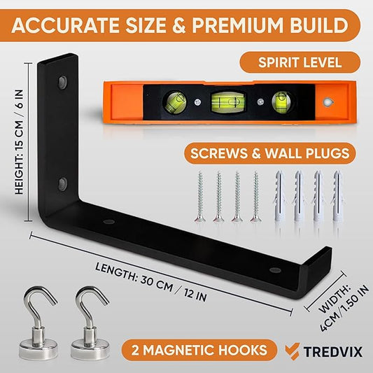 12 Inch Shelf Brackets w/ Level Tool + 2 Magnetic Hooks, Heavy Duty Black Steel L Brackets (4 Pack), 0.2 Inch Thick, Hardware Included, Wall Shelf Brackets