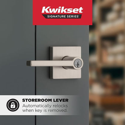 Kwikset Halifax Keyed Storeroom Entry Door Handle with Lock and Key, Secure Keyed Reversible Lever Exterior, Front Entrance and Bedrooms, Satin Nickel, Pick Resistant SMT Rekey Security and Microban
