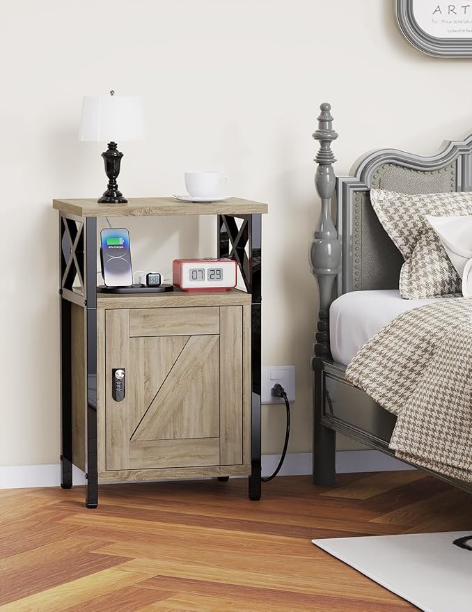 Wooden Nightstand with Lock, Bed Side Table with Drawers, Bedside Table with Charging Station, 3 USB & 2 Outlets, Night Stand with Cabinet, End Tables for Bedroom, Greige