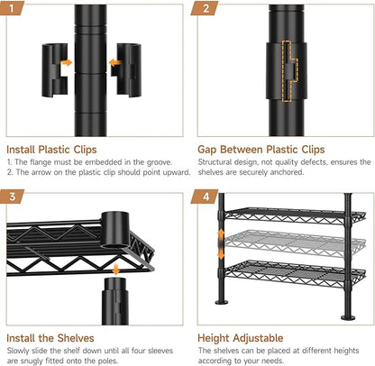 P3 Industrial Pipe Closet System, Wall Mounted Garment Racks with 4 Telescopic Rods & 6 Mesh Shelves, Heavy Duty Clothing Clothes Rack for Walk-in Closets (Black)