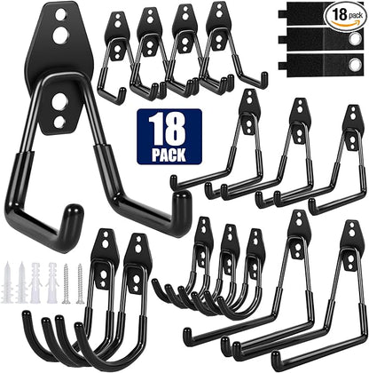 18 Pack Garage Hooks, Anti-Slip Coating, Hooks for Hanging Heavy Duty for Garages, Bicycles, Ladders, Gardening, Tools, Including 3 Organizing Straps