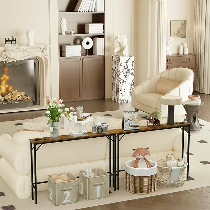 Aduanbang 78.7 inch Narrow Console Table with Outlet, Sofa Table Set of 2, Behind Couch Table, Long Entryway Tables with Charging Station, for Living Room, Rustic Brown