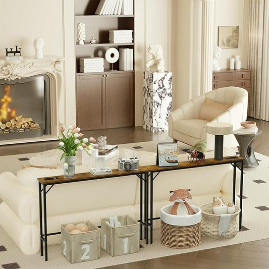 Aduanbang 78.7 inch Narrow Console Table with Outlet, Sofa Table Set of 2, Behind Couch Table, Long Entryway Tables with Charging Station, for Living Room, Rustic Brown