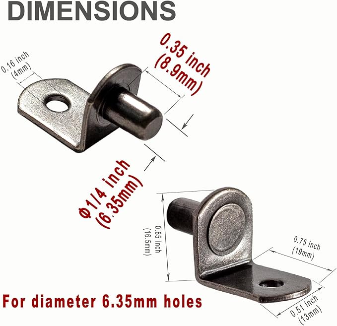 Shelf Support Pegs L-Shaped Shelf Pins 1/4 Inch (6.35mm) Diameter for Kitchen Cabinet Closet & Bookcase Shelves, 20 Pcs Gun Metal Color