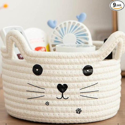 Zopeal Cat Basket Storage Woven Organizer with Ears Easter Decorative Gift Pet Toy Cute Cotton Rope Basket for Gift Cat Dog Toy Bin Nursery Room(8.3 x 4.7 Inch,White)
