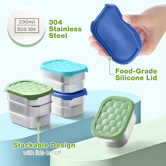 3 Pack Stainless Steel Snack Containers for Kids, 8 oz Easy Open Leak Proof Small Toddler Snack Containers with Silicone Lids, Stackable Metal Lunch Box for Daycare and School (Blue)