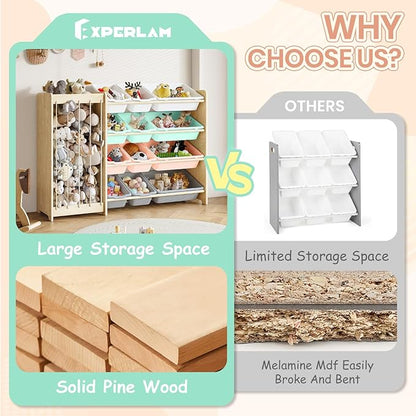 Kids Toy Storage Organizer, 2-in-1 Stuffed Animal Storage & Toy Organizer w/12 Bins, Solid Wood Toy Rack Featuring Thicker Elastic Ropes to Hold Toys, Playroom Nursery Bedroom Storage, Multi