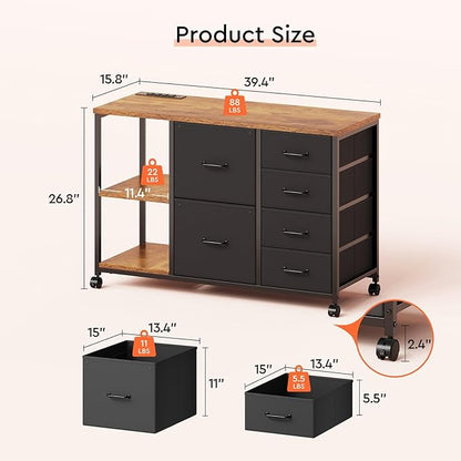 6 Drawer File Cabinet with Charging Station Rolling Printer Stand with Open Storage Shelf Fabric Lateral Filing Cabinet for Home Office,Rustic Brown