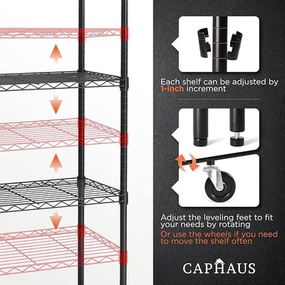 CAPHAUS 4-Tier Commercial Grade Heavy Duty Adjustable Height Wire Shelving w/Wheels & Leveling Feet, Storage Metal Steel Shelf, Garage Shelving Storage, Utility Wire Rack Storage Shelving Unit, 48”W