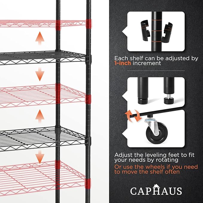 CAPHAUS 4-Tier Heavy Duty Adjustable Height Wire Shelving Unit w/Wheels & Leveling Feet, Metal Steel Shelf, Garage Shelving, Utility Rack Storage, 48" W