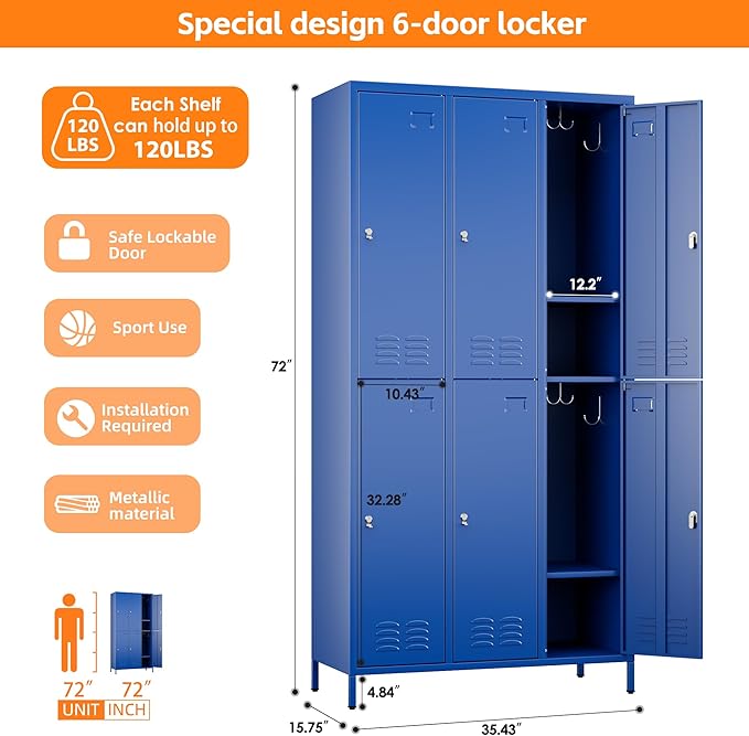 Aobabo Metal Locker for Employees, 6 Doors Metal Locker Cabinet with Lock, Industrial Storage with 18 Hooks, Storage for Office, Gym, Dormitory, Assembly Required, Blue