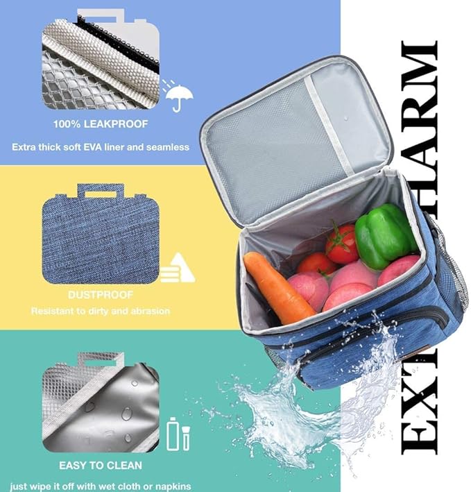 ExtraCharm Insulated Lunch Bag for Women/Men - Reusable Lunch Box for Office Picnic Hiking Beach - Leakproof Cooler Tote Bag Organizer with Adjustable Shoulder Strap for Adults - Stripe
