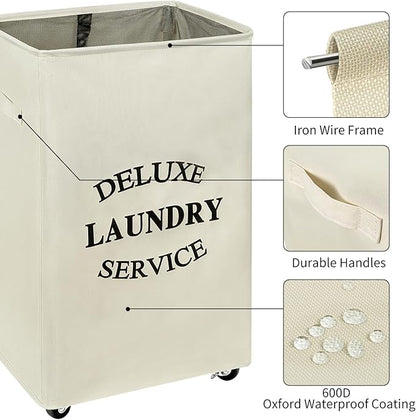 WOWLIVE Large Rolling Laundry Basket Wheels 90L Collapsible Tall Laundry Hamper Handle Foldable Dirty Clothing Basket Fold up Rectangular Hampers for Laundry Dorm Room (Beige)