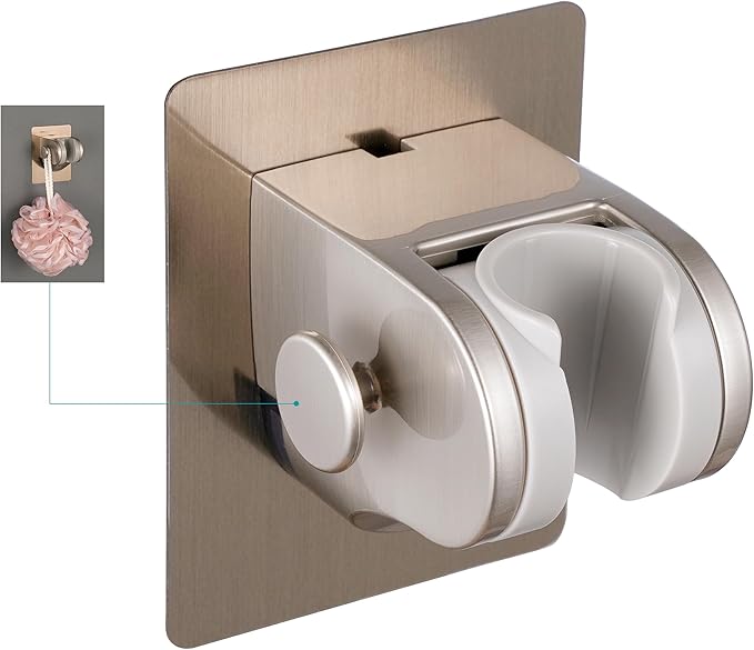 Handheld Shower Head Holder with 2 Hanger Hooks,Strong Adhesive&Waterproof No Drilling Wall Mount Shower Bracket for RV and Kids&Elders,Install Any Height&Fix Firmly,Brushed Nickel