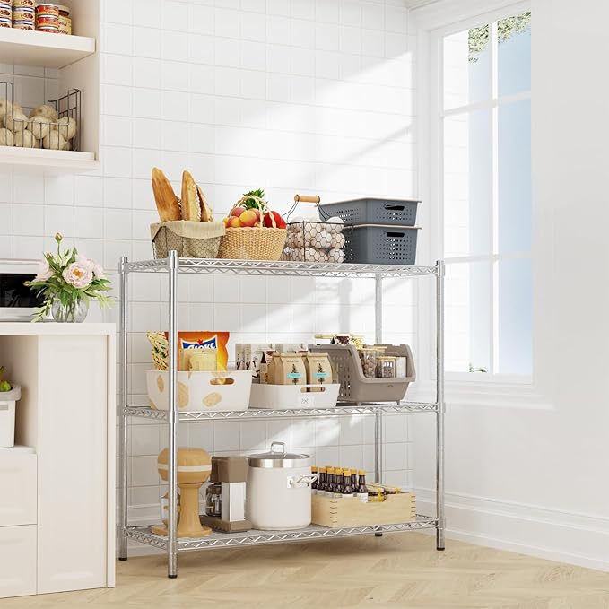 Storage Shelves Heavy Duty, 45" W x 20" D x 47" H Garage Wire Shelving Unit Loads 1200LBS, 3-Tier Adjustable Metal Industrial Utility Shelf Rack for Kitchen, Laundry Room, Pantry, Warehouse, Basement