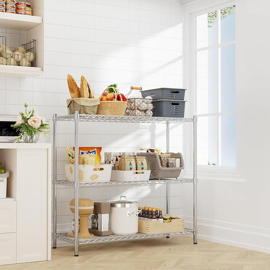Storage Shelves Heavy Duty, 45" W x 20" D x 47" H Garage Wire Shelving Unit Loads 1200LBS, 3-Tier Adjustable Metal Industrial Utility Shelf Rack for Kitchen, Laundry Room, Pantry, Warehouse, Basement