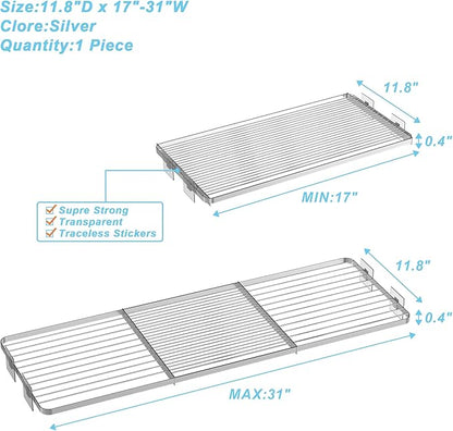 Adjustable Closet Shelve Divider,Rod Expandable Metal Hanging Shelf Closet Separator for Closet,Cabinet,Wardrobe,Cupboard Bathroom,Bedroom(Silver,11.8" D x 17"-31" W,1PCS)