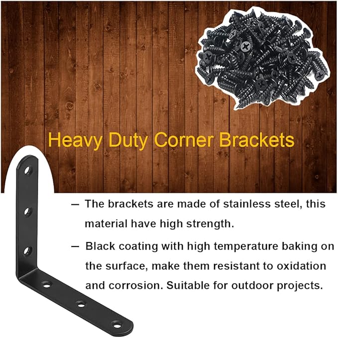 10Pcs Black L Bracket Corner Braces 4 Inch Stainless Steel Heavy Duty Shelf Bracket for Wood, Shelves, Wall Hanging Support 90 Degree Joint Right Angle Brackets with Screws