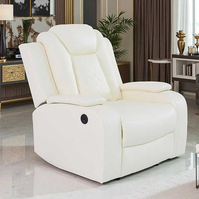 Modern Power Reclining Chair Set, Ivory White Breathing Leather Sofa Couches, Living Room Sofa Sets Power Recliner Sofa Set with LED Light for Living Room & Apartment & Home & RV