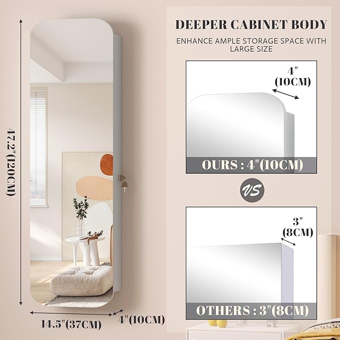 Vlsrka 6 LEDs Mirror Jewelry Cabinet Door Hanging, 47.2" Wall Mounted Jewelry Cabinet, Lockable Full Length Mirror with Storage, Rounded Corner Mirror Jewelry Organizer, 2 Drawers, White