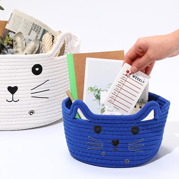 Zopeal Cat Basket Storage Woven Organizer with Ears Easter Decorative Gift Pet Toy Cute Cotton Rope Basket for Gift Cat Dog Toy Bin Nursery Room(8.3 x 4.7 Inch,Royal Blue)