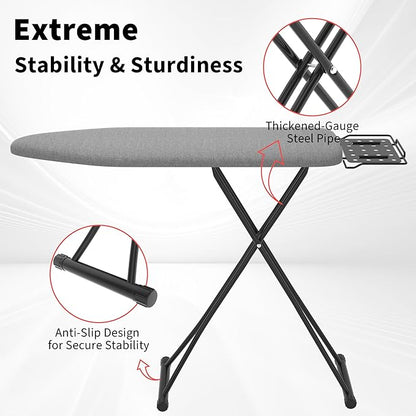 Ironing Board with Porous Iron Rest, 7 Adjustable Heights, 43" x 13", 3-Layer Heat-Resistant Cover & Pad for Home Laundry, Gray