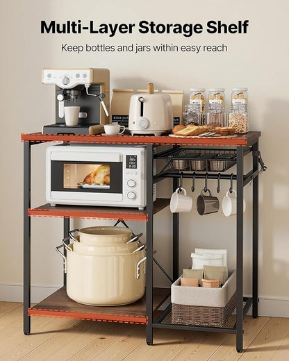 VEVOR Bakers Rack, 35.4 inch Width Microwave Stand,Kitchen Stand with X-Shaped Support Bar & 5 S-Shaped Hooks,Kitchen Storage Shelf for Dish Storage, Spice Jars, Coffee Bar Organization