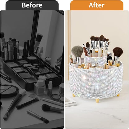 Bling Diamond Makeup Brush Holder, 360° Rotating Makeup Organizer, 5 Slot Make up Brushes Cup for Countertop, Storage for Cosmetics Pen Eyeliner Skincare on the Vanity (Diamond white)