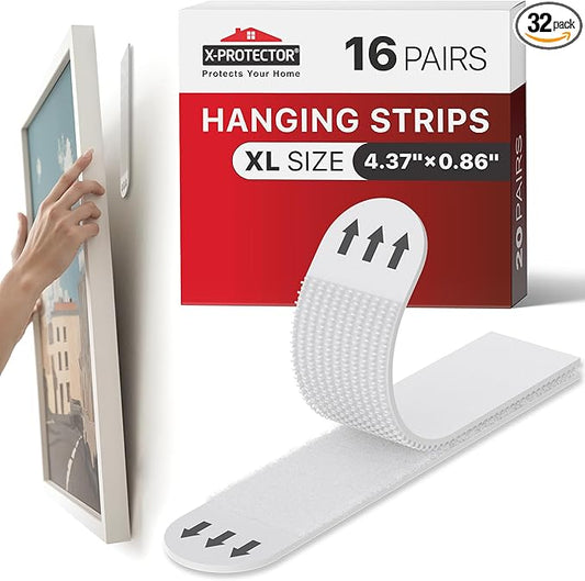 X-Protector Picture Hanging Strips - 16 Pairs Damage Free Picture Hangers - Self Adhesive Hangers Without Nails - Heavy Duty Wall Hanging Strips - Wall Sticky for Hanging Up to 25 LBS (Size XL)