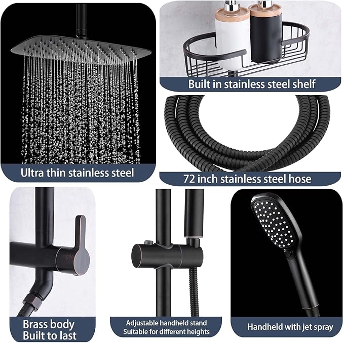 SonTiy Rain Shower Heads System with Handheld Jet Spray, Caddy Shelf and Brass Shower Diverter, Bathroom luxury Shower Faucet Set for Whole Family, 2.5 GPM, Oil Rubbed Bronze
