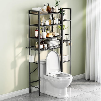 8-Tier Over The Toilet Storage with Side Rack, Over Toilet Storage Rack with Adjustable Shelf & Drain Basket, Freestanding Bathroom Organizer for Balcony, Laundry (Pure Black)