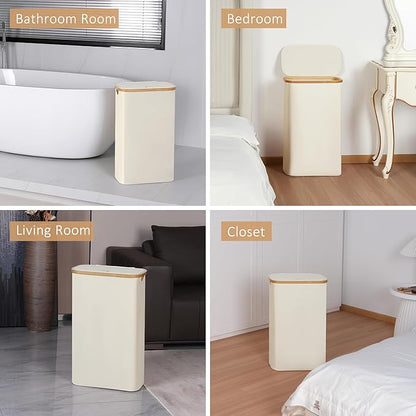 65L Slim Laundry Hamper, Narrow Laundry Basket with Lid,Foldable Clothes Hamper with Bamboo Handles,Hamper Basket with Removable Inner Bag for Laundry Room Bedroom College Dorm,17.17 Gals Beige