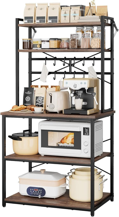 VEVOR Bakers Rack, 31.5 inch Width Microwave Stand,Kitchen Stand with X-Shaped Support Bar & 12 S-Shaped Hooks,Kitchen Storage Shelf for Dish Storage, Spice Jars, Coffee Bar Organization