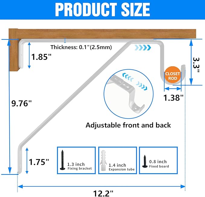 Pisman 10 Inch Heavy Duty Closet Rod Bracket Adjustable 4-Pack, Closet Rod Support with Shelf Bracket and Rod Holders - White Steel Clothes Hanger for Bedroom, Laundry Room Storage