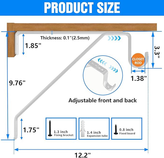 Pisman 10 Inch Heavy Duty Closet Rod Bracket Adjustable 2-Pack, Closet Rod Support with Shelf Bracket and Rod Holders - White Steel Clothes Hanger for Bedroom, Laundry Room Storage