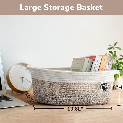 Dog Basket Gift Basket Empty, 13.6"x 10" x 6" Woven Storage Baskets for Organizing, Cotton Rope Baskets for Shelf, Dog Storage Bins with Handles, Mixed-Brown