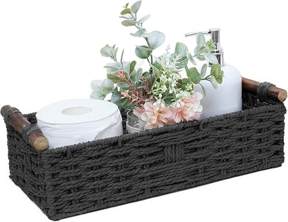 Round Paper Rope Storage Basket Wicker Baskets for Organizing with Handle Decorative Storage Bins for Countertop Toilet Paper Basket for Toilet Tank Top Small Baskets Set,Black